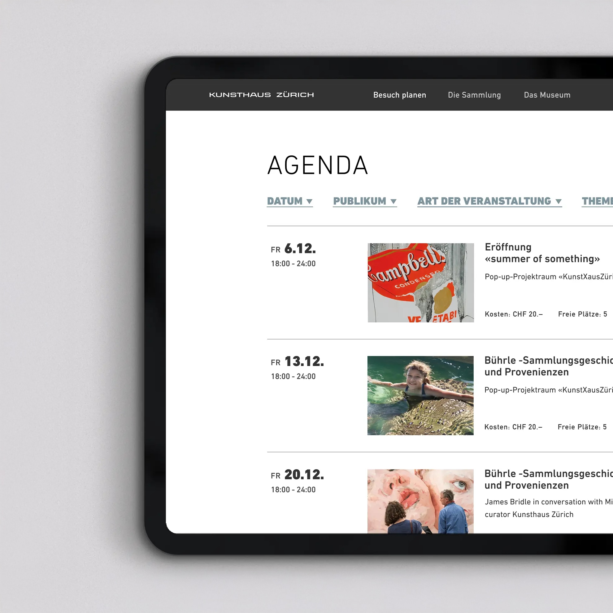 Agenda auf der Website des Kunsthaus Zürich.