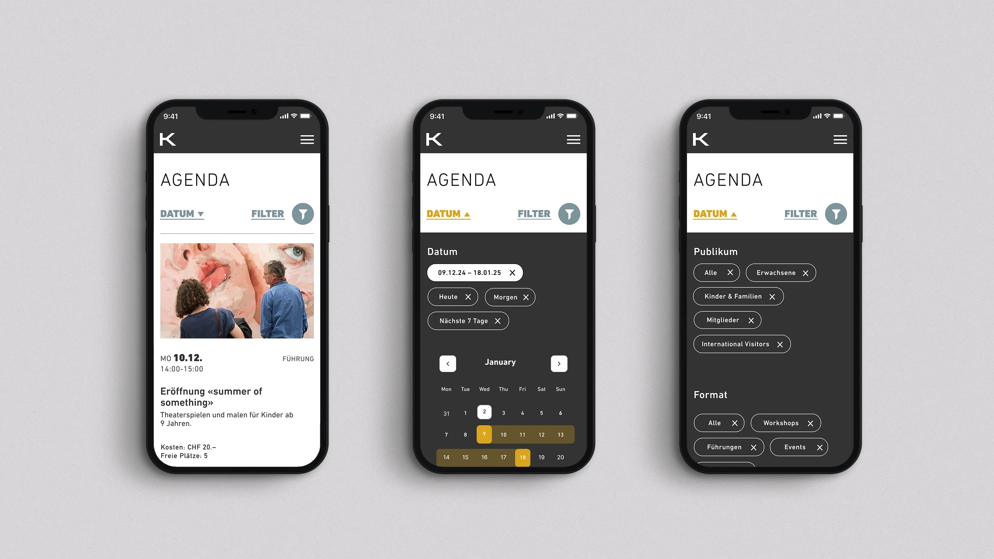 Das Bild zeigt drei Smartphones, die die "Agenda"-Funktion einer App anzeigen, wahrscheinlich für ein Kunsthaus oder eine kulturelle Einrichtung. Jede Darstellung zeigt unterschiedliche Ansichten und Filteroptionen innerhalb der Agenda-Funktion.