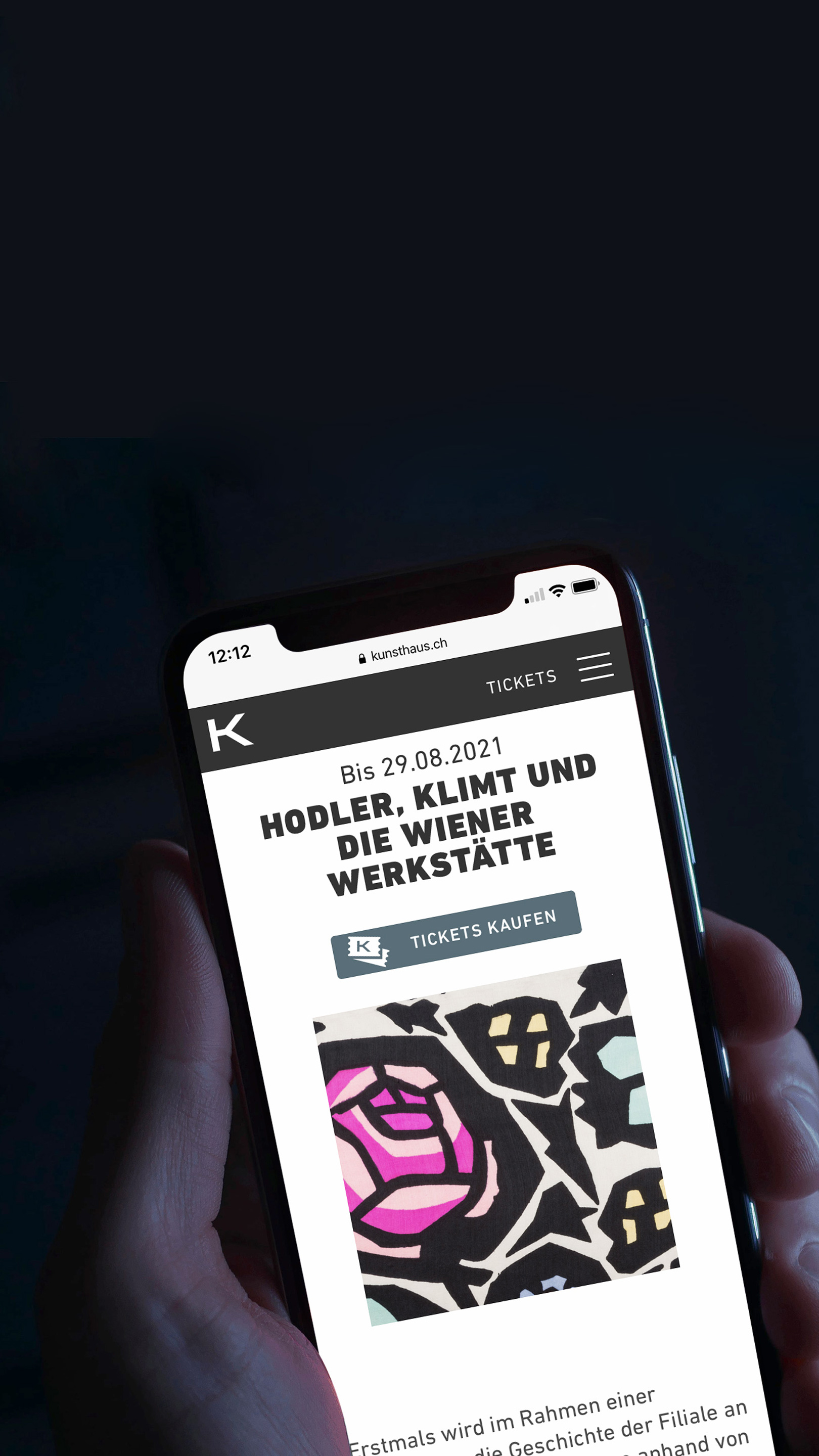 Smartphone-Ausschnitt der Online Ticketing Plattform von Kunsthaus Zürich.