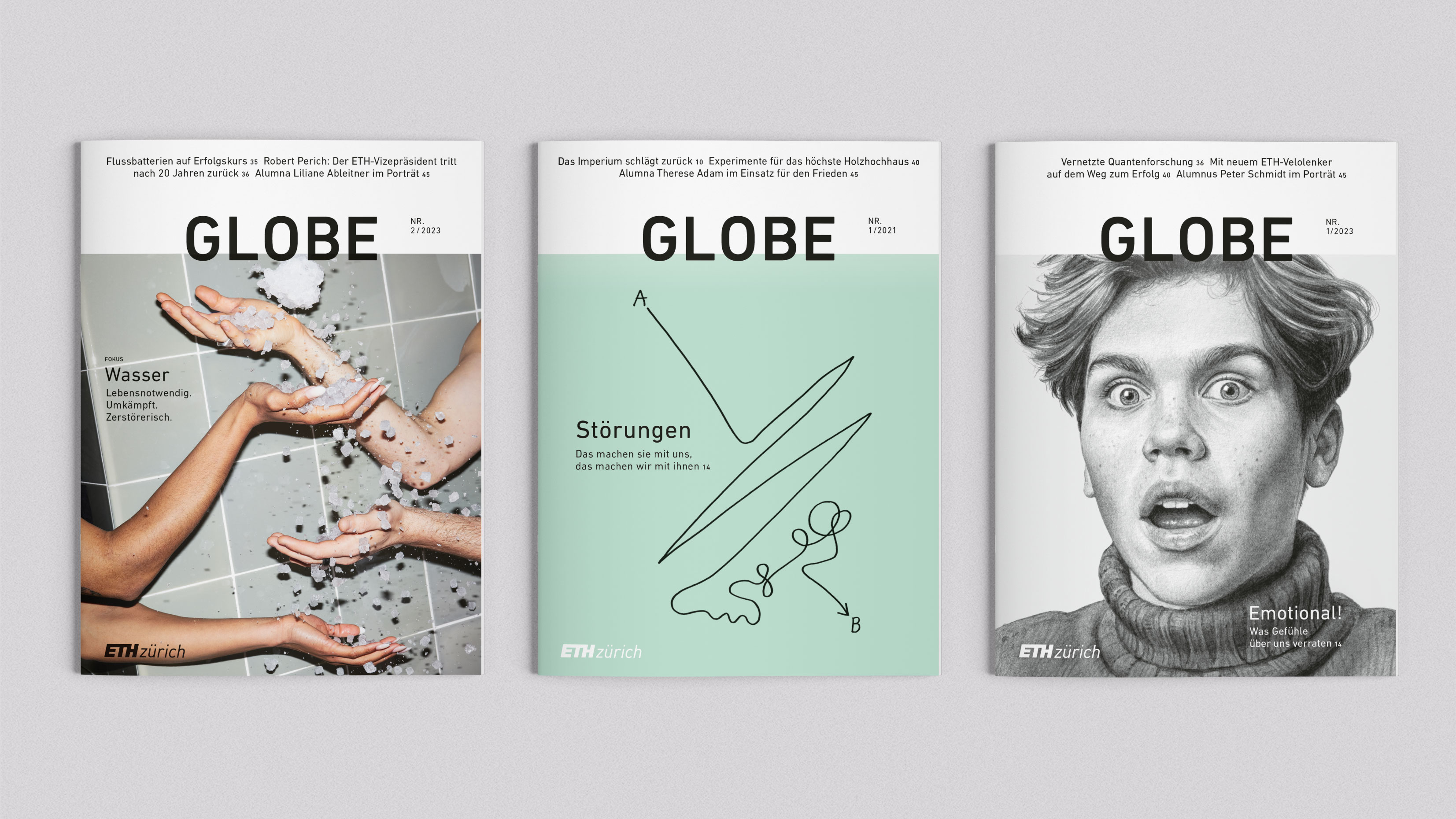 Three eye-catching Globe magazine covers highlighting the ETH Zurich brand, presenting engaging content and articles