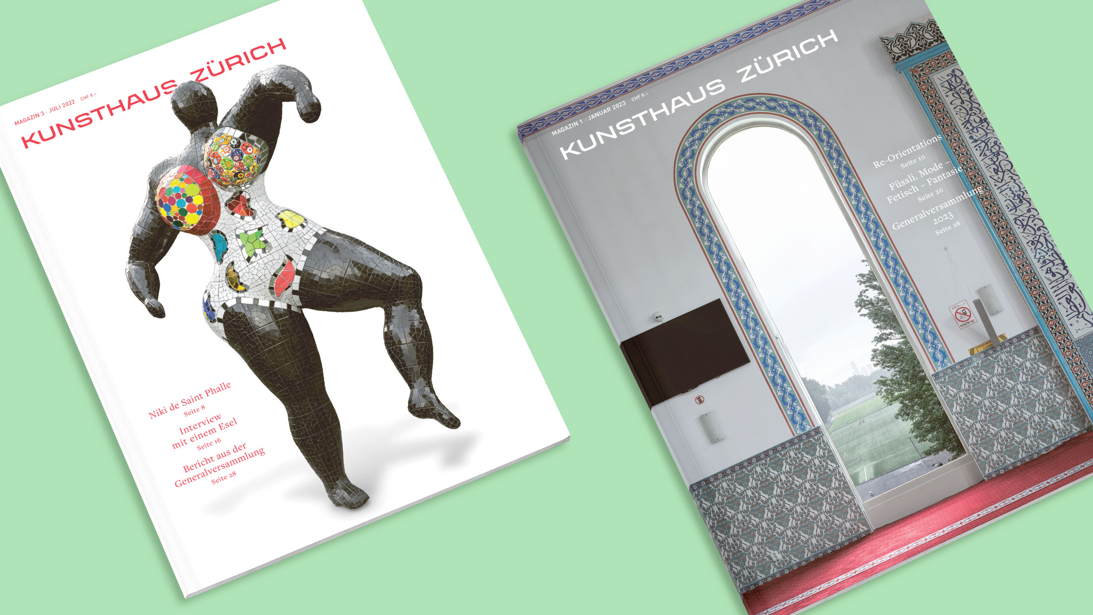 Kunsthaus Magazin Mockups zeigen Nicky D Saint Phalle Statuen.