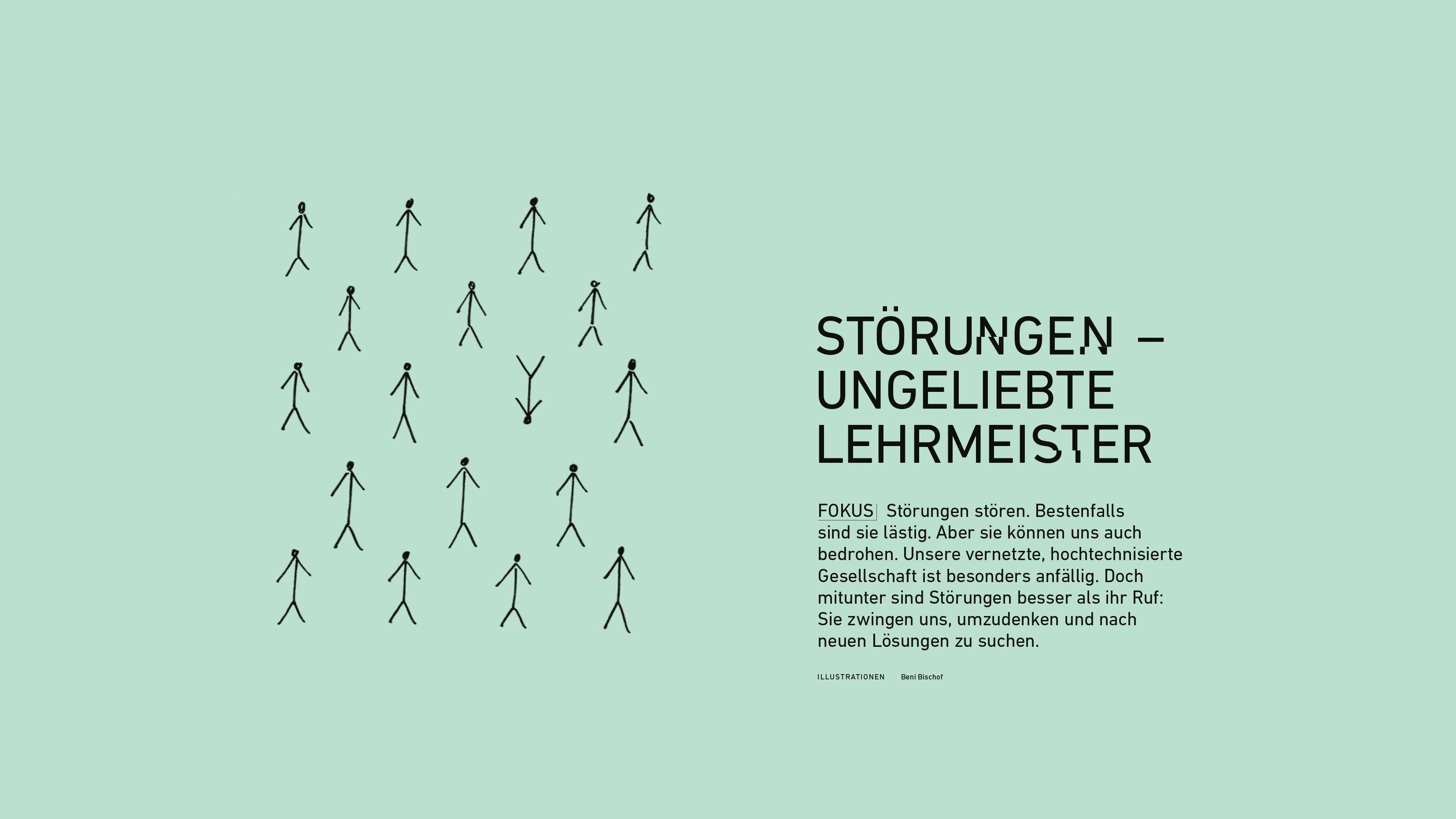 Pagedesign with the words "Störungen – unbeliebte Lehrmeister" for the ETH Zurich «Globe» Magazine.
